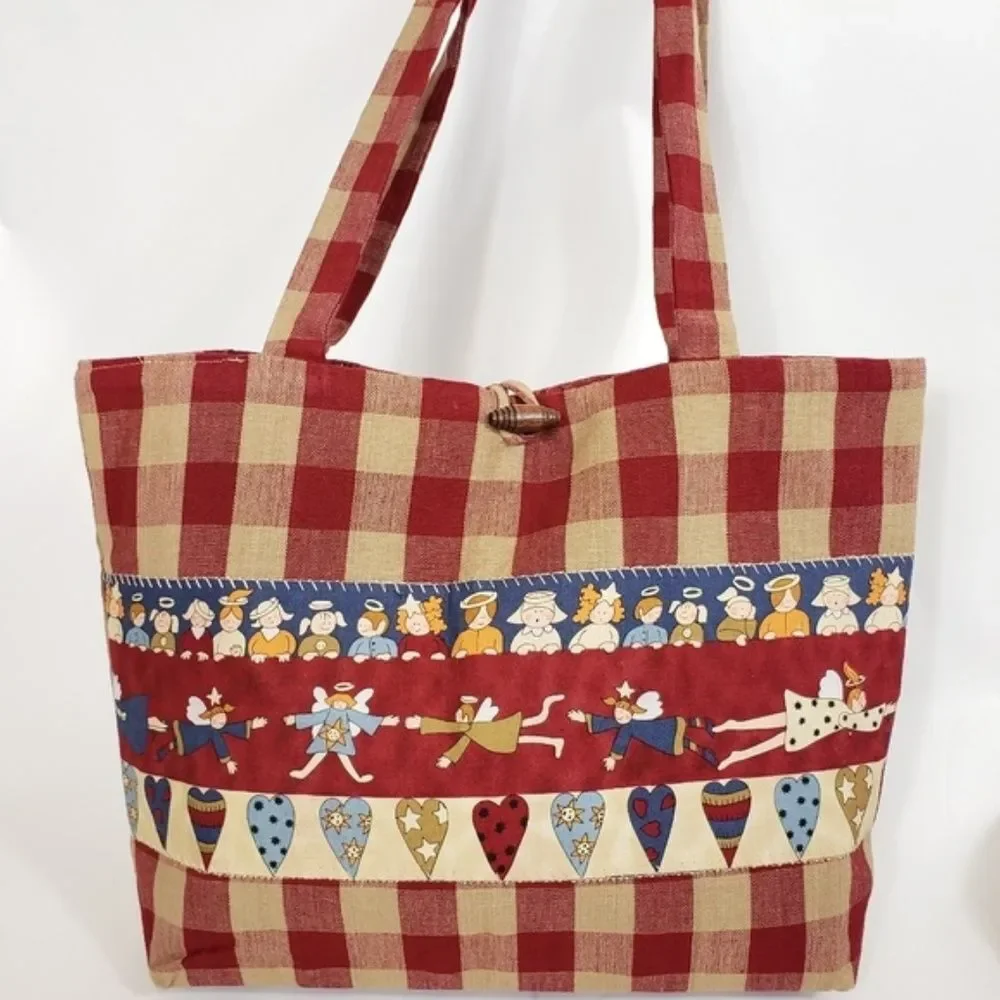 Vintage Handmade Gingham Patchwork Christmas Holiday Shoulder Tote Bag - Picture 2 of 8